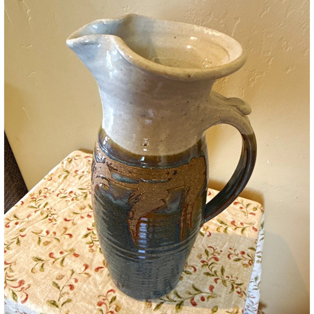 Vintage Large Studio Pottery Pitcher 11" Stoneware Farmhouse Blue White Glaze